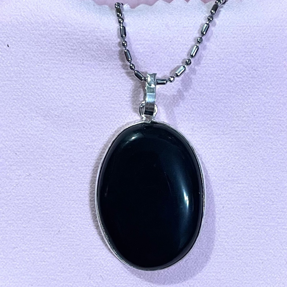 NEW GORGEOUS GENUINE NATURAL BLACK ONXY GEMSTONE STERLING SILVER NECKLACE